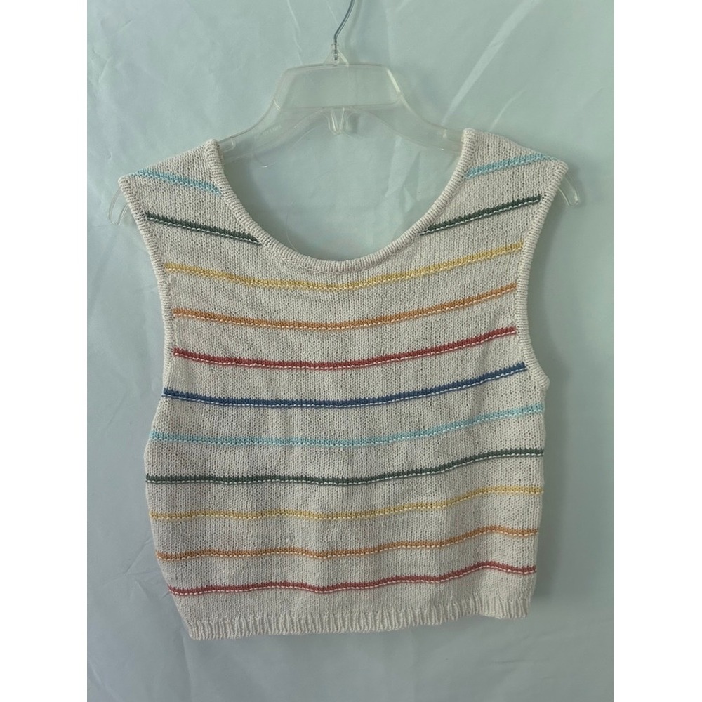 American Eagle Striped Knit Sweater Vest Cream Multi Color Open Tie Back Small